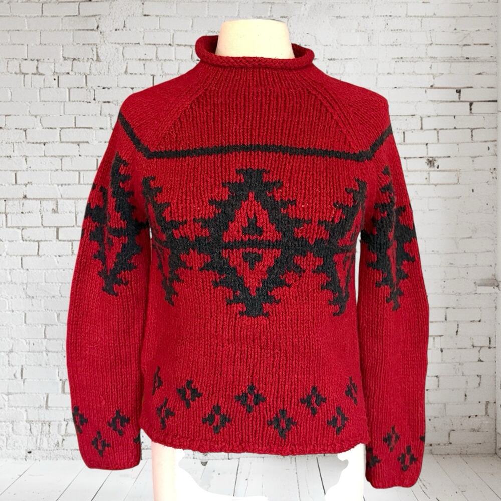 Sundance Y2K Vtg Chunky Knit Silk Nordic Sweater‎ Sz S 36"B Fair Isle Deep Red